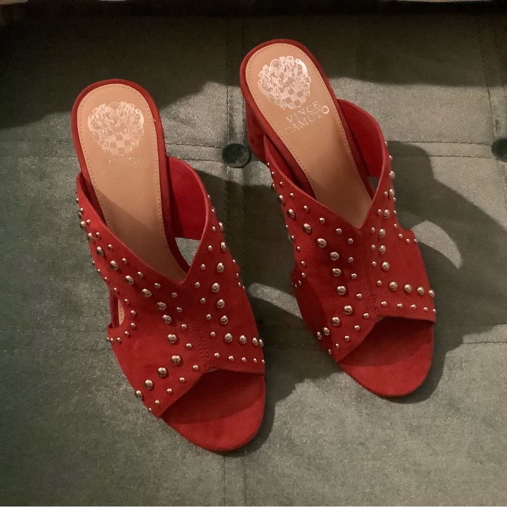 NEW! Vince Camuto Red Suede Studded Mules